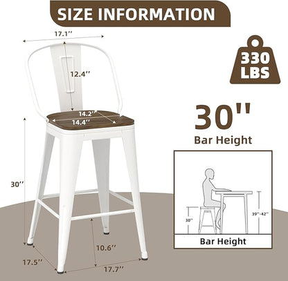 30” Swivel Bar Stools Set of 4, Counter Height Bar Stools Wooden Seat, Metal Industrial Bar Chairs with High Back for Kitchen Island (White)