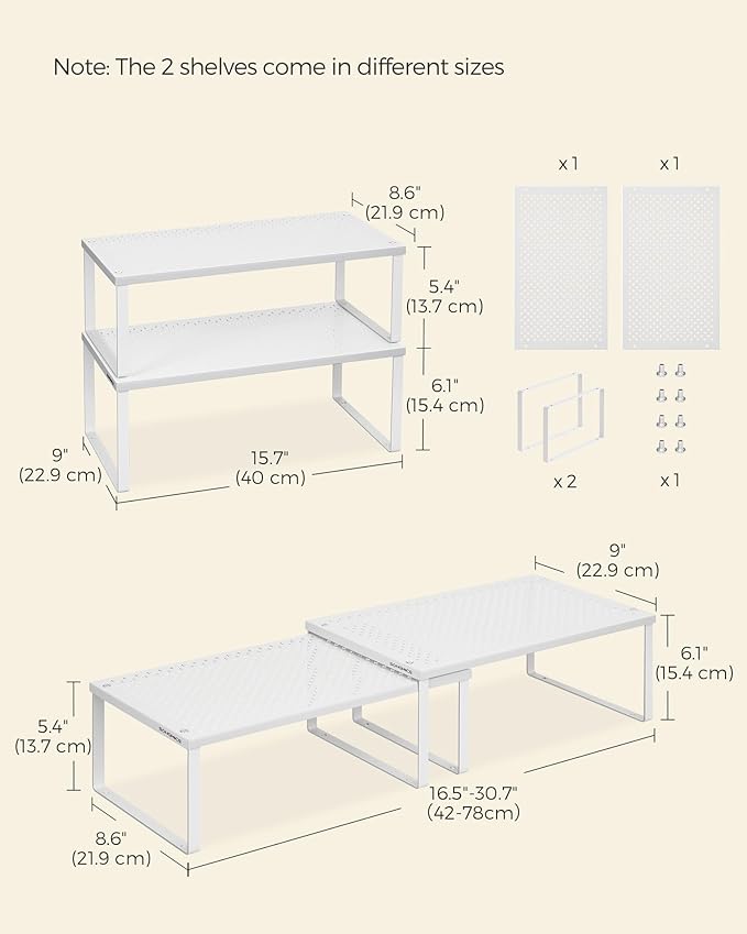 SONGMICS Spice Racks, Set of 2 Metal Cabinet Shelf Organizers, Countertop Organizers, Shelf Risers, Stackable, Expandable, White UKCS401W01