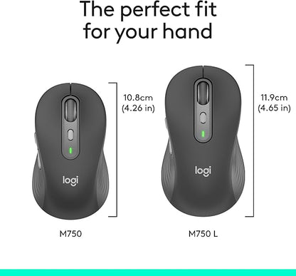 Logitech Signature Plus M750 L Wireless Mouse - for Large Hands, SmartWheel, Bluetooth, Multi Device, 24-Month Battery, Silent Clicks, Customizable Side Buttons, Contoured Shape - Graphite