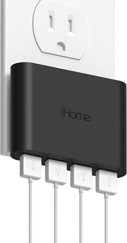 iHome Slim 4-Port USB Wall Charger, AC Pro Multiport Plug Adapter, Phone Charging Block with 4 Ports, Flat USB Wall Adapter for Home & Travel