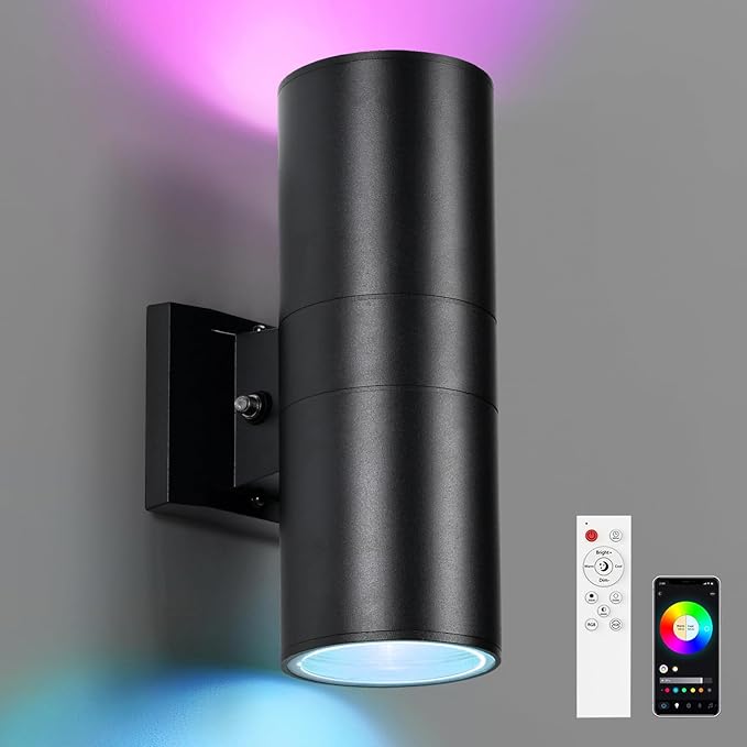RGBCW Outdoor Wall Light 1 Pack, Smart Porch Light Dusk to Dawn Lighting with Remote Control, WiFi Outdoor Wall Sconce, Compatible with Alexa, Exterior Lights for House Porch Garage