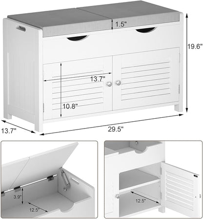 ChooChoo Shoe Storage Bench with Lift Top Storage, Entryway Bench with 2 Cushioned Seats, 3 Compartments, Adjustable Shelf, Shoe Cabinet for Entryway, Bedroom, Living Room, White
