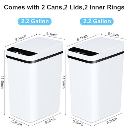 Bathroom Trash Cans with Lid 2 Pack 2.2 Gallon Touchless Automatic Motion Sensor Small Slim Garbage Can, Smart Electric Narrow Garbage Bin for Bedroom Office Kitchen (White)