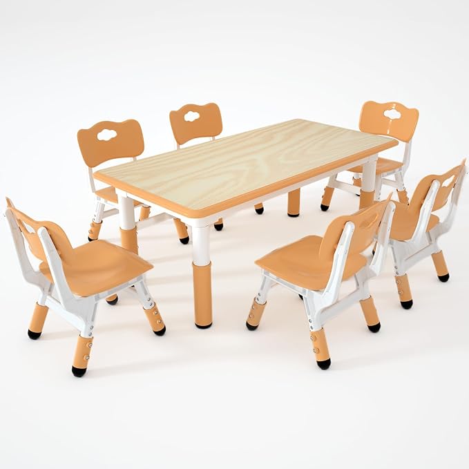 Kids Table and 6 Chairs Set，Height Adjustable Children Table & Chair，Toddlers Study Multi-Activity Table with 47.2"x23.6" Wipe-Clean Desktop，for Classrooms, Homes & Daycares