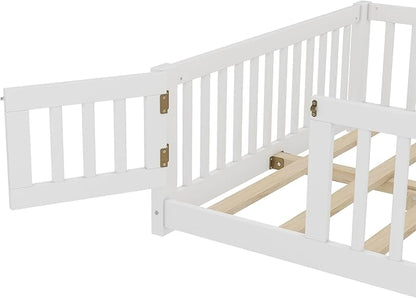 Bellemave Full Floor Bed with Slats and Safety Guardrails, Kids Montessori Floor Beds with Fence and Door, Easy Assemble Floor Bed for Kids, Girls, Boys, White