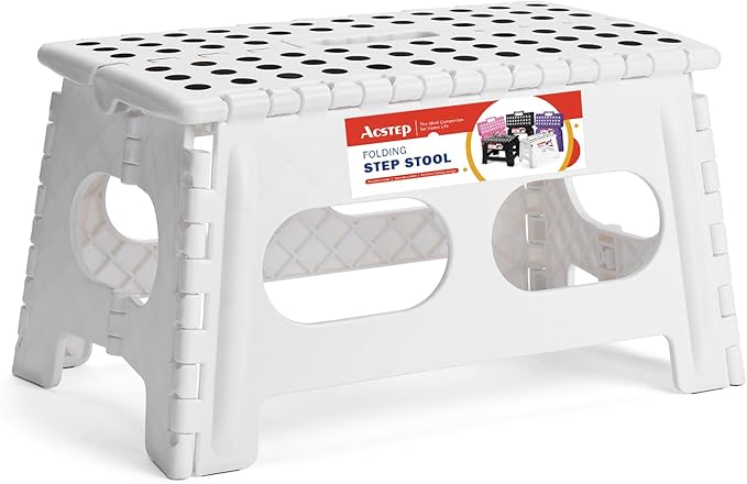 ACSTEP Folding Step Stool 9 Inch,15-Inch Extra Wide Heavy Duty Stepping Stool More Safe and Comfortable Non Slip Foldable Step Stool for Kids and Adults White