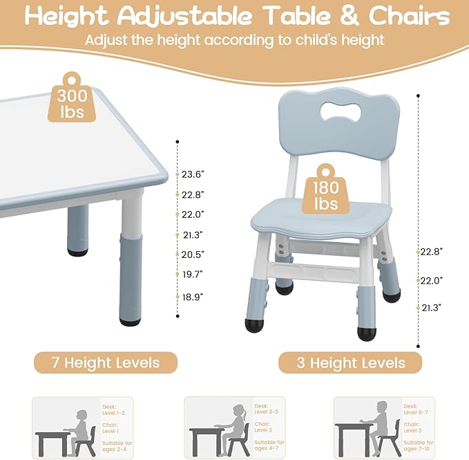 GarveeHome Kids Table and 2 Chairs Set, Height Adjustable Toddler Table and Chair Set for 2, Graffiti Desktop, Non-Slip Design, Children Table for Home Daycare Preschool for Ages 2-8, Gray Blue