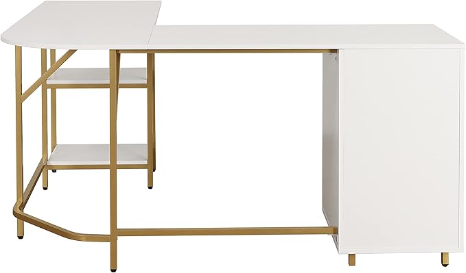 Techni Mobili L Shaped Desk - Two-Toned Computer Desk with Drawers & Storage Shelves - Simple Modern Furniture & Home Office Space Corner Table for Work & Writing