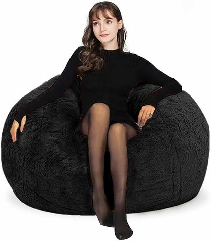 Bean Bag Chair for Adults Kids Without Filling Comfy Fluffy Oversized Round Beanbag Chair Lazy Sofa Cover for Reading Chair Floor Chair, 3.5FT, Black