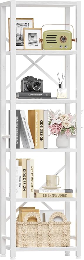 Furologee White Bookshelf 6 Tier Tall Narrow Bookcase, Modern Display Standing Shelf Unit, Metal and Wooden Storage Corner Shelves Organizer for Bedroom, Living Room, Office, Bathroom