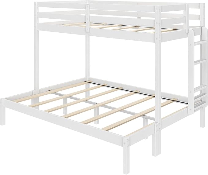 Grain & Grove Bear Twin XL Over Queen Bunk Bed, Sturdy Bunk Bed Frame for Kids, Plywood Bunk with Ladder, Guardrail, and Slats, No Box Spring Required, Brushed White