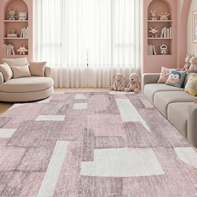 8X10 Area Rugs Modern Abstract Large Carpet for Living Room Bedroom Dining Room Office Nursery, Non Slip Washable Pink Rugs 8X10 Geometric Pattern Thin 8 by 10 Indoor Home Decor Pet & Child Friendly