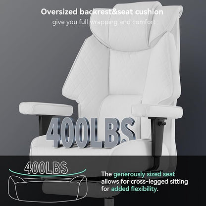 Big and Tall Office Chair with Footrest, PU Leather High Back Executive Office Chair 400lbs, Ergonomic Computer Chairs Lumbar Support for Heavy People (White)