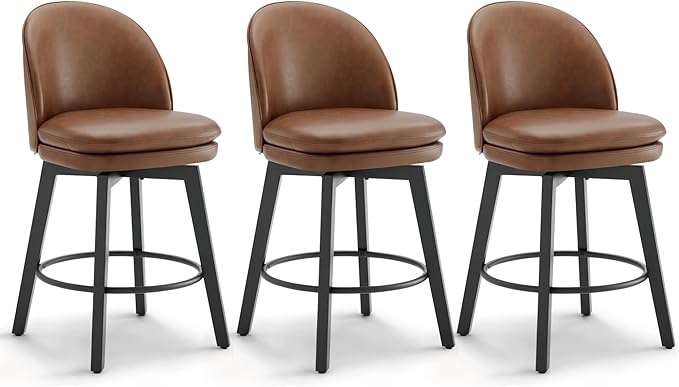 Counter Height Barstools 26 inch Upholstered Swivel Bar Stools with Back and Wood Legs for Kitchen Island,Set of 3,Brown PU Leather-Armless