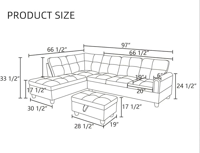 L Shaped Sectional Couches, Lounge Modular Sectional Sofa for Living Room Bedroom Furniture, Comfortable 4 Seat Couch with Ottoman Storage & Chaise, Grey