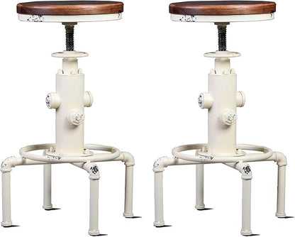 Topower Aged Antique Vintage Industrial Barstool Solid Wood Water Pipe Fire Hydrant Design Cafe Coffee Industrial Bar Stool Set of 2 Antique White