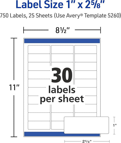 Avery Easy Peel Printable Address Labels with Sure Feed, 1" x 2-5/8" Customizable Stickers, White, 750 Blank Mailing Labels, Great for Mailing, Shipping, and More (5260)