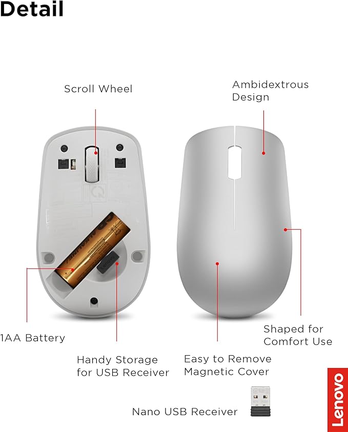 Lenovo 530 Full Size Wireless Computer Mouse for PC, Laptop, Computer with Windows - 2.4 GHz Nano USB Receiver - Ambidextrous Design - 12 Months Battery Life - Platinum Grey