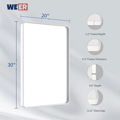 WEER White Bathroom Mirror 20X30 Inch, Rounded Rectangle White Metal Frame Mirror, Matte White Bathroom Vanity Mirror with Tempered Glass, Anti-Rust, Hangs Horizontally or Vertically