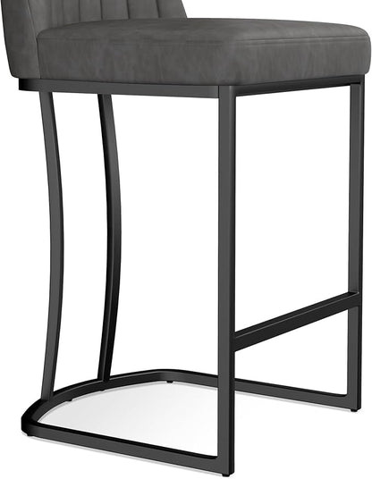Bar Stools Set of 4, Faux Leather Counter Height Barstools, Upholstered Kitchen Counter Stools with Back and Stitching, 25.6" H Kitchen Island Stools Bar Chair, Metal Framed, Black Grey