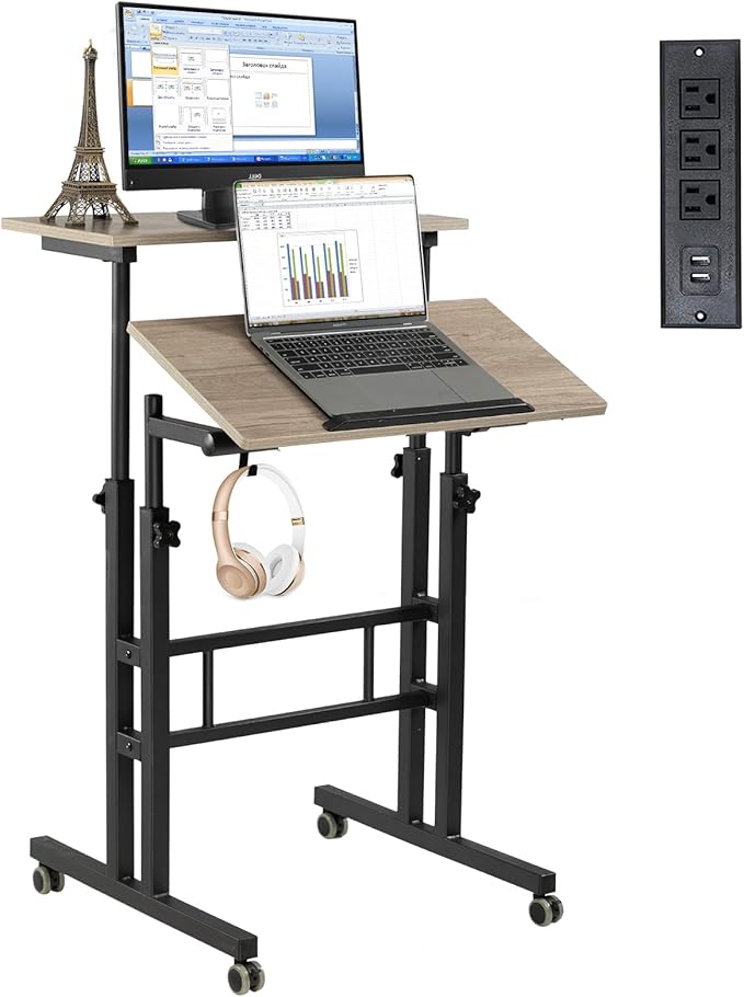 Hadulcet Mobile Standing Desk with Charging Station, Adjustable Standing Computer Desk, Standing Adjustable Laptop Cart with Wheels for Home Office Classroom Light Grey
