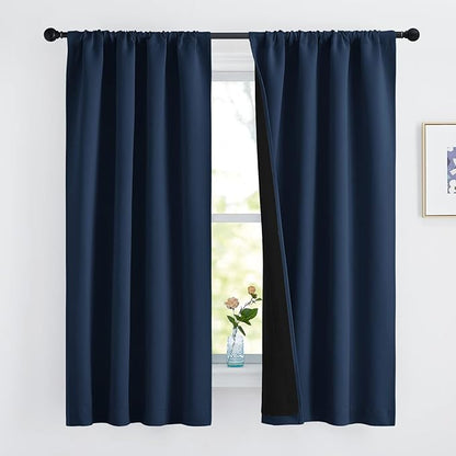 NICETOWN 100% Blackout Curtains, Thermal Insulated Black Liner Panels for Nursery Room, Noise Reducing and Cold Blocking Drapes for Windows (Set of 2, Navy, 42 inches Wide by 63 inches Long)