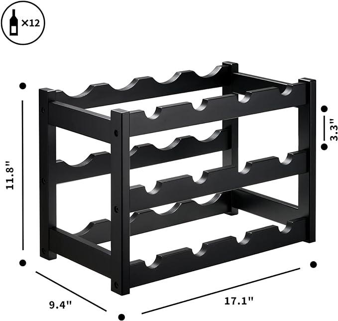 VASMIA Bamboo Wine Rack, Sturdy and Durable Wine Storage Cabinet Shelf, Wine Racks Countertop for Pantry,Kitchen,3-Tier 12 Bottles Wine Rack Black