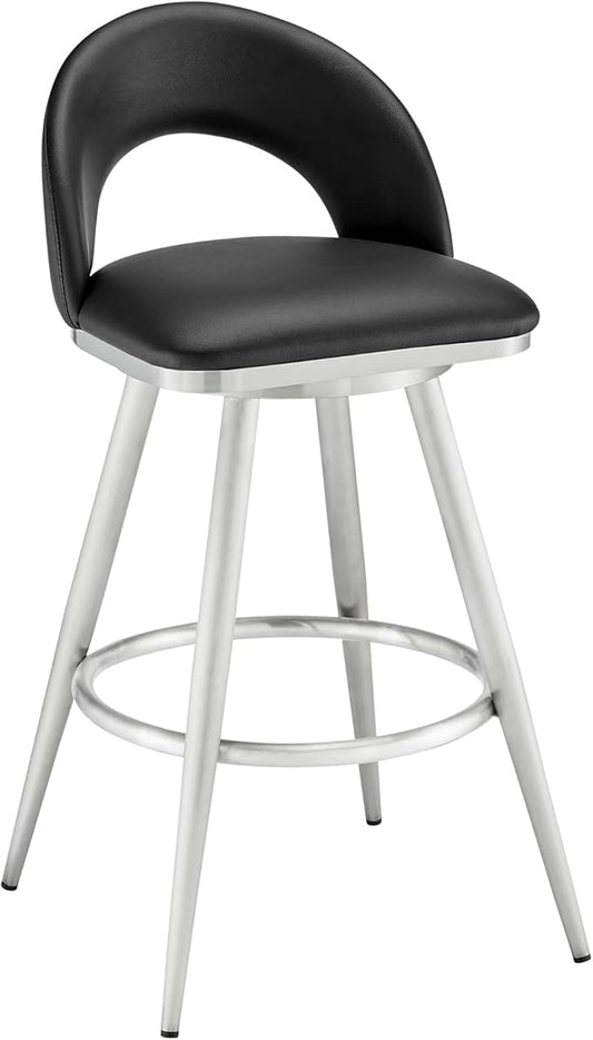 Armen Living Charlotte Swivel Bar Stool in Brushed Stainless Steel with Black Faux Leather