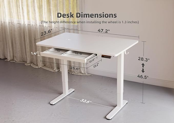 YDN Standing Desk with Drawers, 48 x 24 Inch White Standing Desks Electric Adjustable Height Desk for Computer Workstations, White