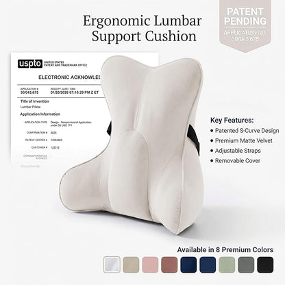 Lumbar Support Pillow(Pat. Pend) – Multi-Functional Ergonomic Back Cushion for Sofa Chair, Car Seat & Sofa, Reading Pillow with Firm Multi-Zone Support to Relieve Lower Back Pain, Misty White