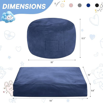 Kids Bean Bag Chair Bed - Convertible Lazy Chair to Floor Mattress with Filler - Small Beanbag Chair for Boys and Girls - Floor Couch Sofa in Bedroom, Classroom, Reading Nook - Navy Blue