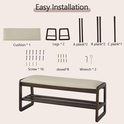 Shoe Rack Bench,2 Tier Wooden Entryway Bench with Shoe Storage, Shoe Rack with Cushion for Living Room, Hallway(Pu Beige, 39.4")