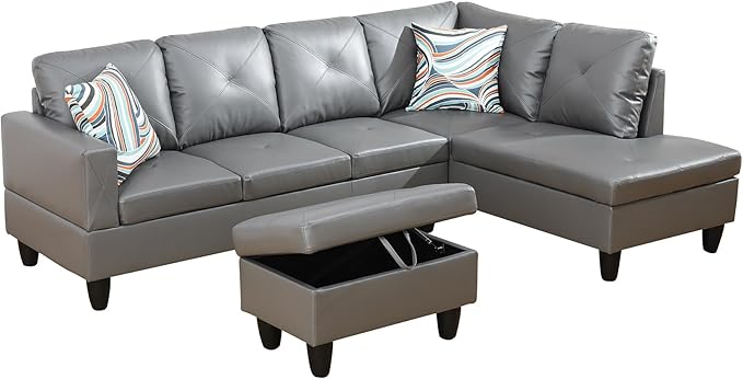 Couches for Living Room Faux Leather L Shaped Couch Comfy 3 Pieces Sectional Sofa with Chaise, Ottoman with Storage for Office and Small Apartment, Dark Grey