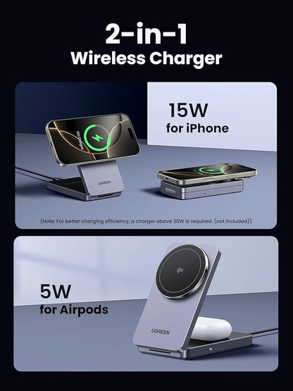 UGREEN Qi2 15W MagFlow Wireless Charger, 2-in-1 MagSafe Fast Charging Station, Foldable Charger Stand for iPhone 17/16/15/14/13/12 Series, AirPods 4/3/2/Pro, with a 3.3FT USB C Charging Cable Grey