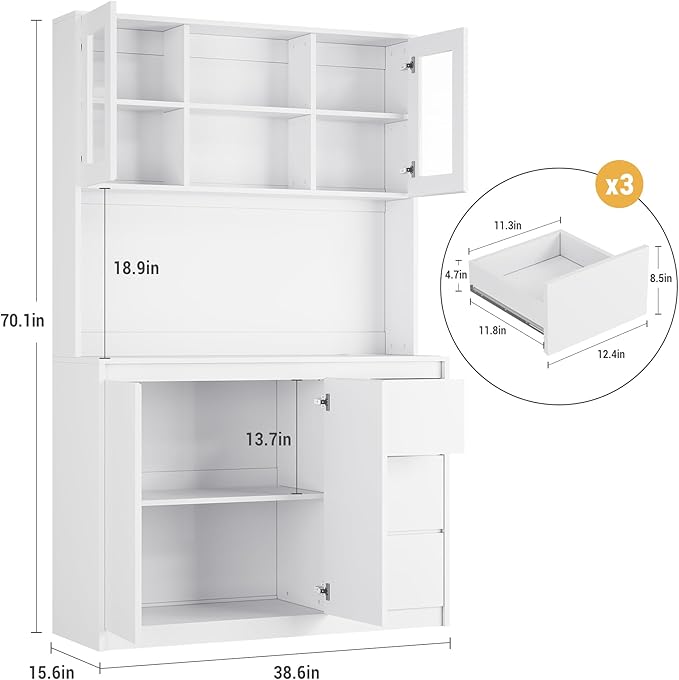 Garvee Kitchen Pantry Cabinet,71" Tall Storage Cabinet with Doors and Shelves Adjustable,Kitchen Storage Hutch with Microwave Shelf, Led Lights and Charging Station,Corner Pantry Cabinet,White