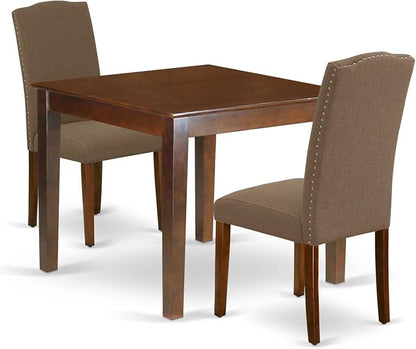 East West Furniture OXEN3-MAH-18 3 Piece Dining Room Table Set Contains a Square Wooden Table and 2 Dark Coffee Linen Fabric Upholstered Parson Chairs, 36x36 Inch, Mahogany