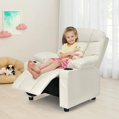 Costzon Kids Recliner Chair with Cup Holder, Adjustable Lounge Chair w/Footrest & Side Pockets for Children Boys Girls Room, Ergonomic Toddler Furniture Sofa, Kids Recliner (Beige)