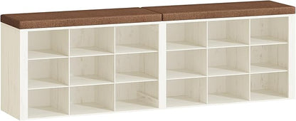 Shoe Storage Bench with Cushion, Entryway Storage Bench with 18 Cubbies, 9.5" Widened Organizer Cabinet, Long Cubby Rack for Living Room, Bedroom, Entryway, White and Brown SB25714KA