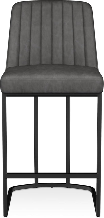 Bar Stools Set of 4, Faux Leather Counter Height Barstools, Upholstered Kitchen Counter Stools with Back and Stitching, 25.6" H Kitchen Island Stools Bar Chair, Metal Framed, Black Grey