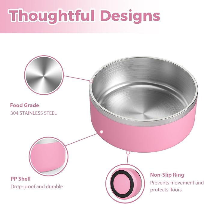 Stainless Steel Dog Bowls for Large Dogs - Insulated, Non Slip, Easy Clean, 40oz, Pink