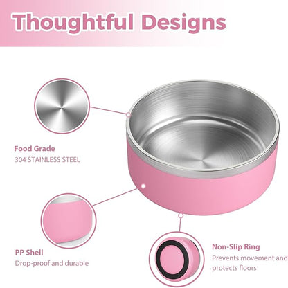 Stainless Steel Dog Bowls for Large Dogs - Insulated, Non Slip, Easy Clean, 40oz, Pink