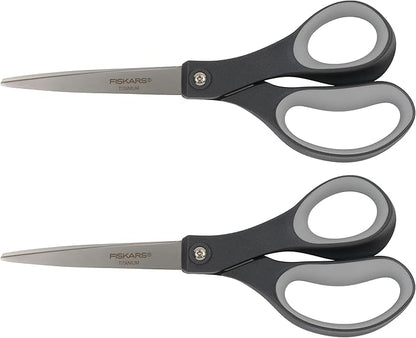 Fiskars 8” Everyday Titanium Comfort Grip Scissors (2-Pack), Home & Office Scissors for Cutting Paper, Cardboard, Photos and More, Gray