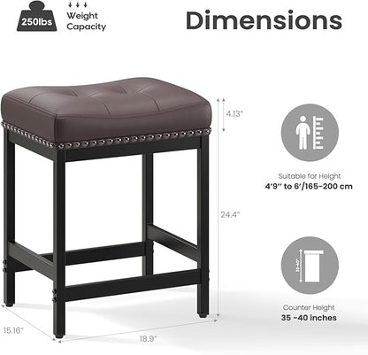 MALOL Set of 3 Saddle Bar Stools Counter Height 24.4”, Brown Backless Barstools for Kitchen Island, Modern PU Leather Cushioned Seat, Bar Chairs for Kitchen Counter, Breakfast Bar Stools for Home
