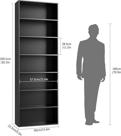 82" Tall Bookshelf, 7-Tier Open Shelves Bookcase, Freestanding Display Storage Shelves, Tall Bookcase Home Decor Furniture for Home Office, Living Room, Bedroom, Black
