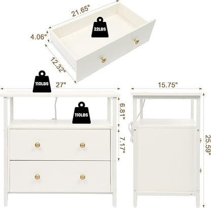 27 inch Wide Nightstand with Charging Station, Bedside Table with Open Shelf, 2 Drawers Small Wood Dresser, End Side Table for Bedroom (White)