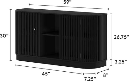 Plank+Beam Contour Wood TV Stand, Two Door Solid Wood Entertainment Console with Storage, 59" L x 16" W x 30" H, Black
