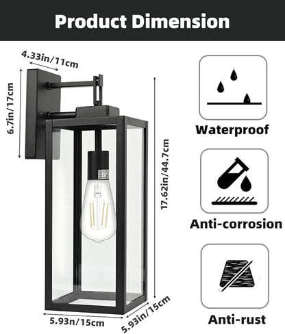 Large Size Outdoor Wall Lantern, 18 Inch Outdoor Light, Large Porch Light, Metal and Glass Outdoor Lantern Wall Light Fixture with E26 Socket, 1 Pack