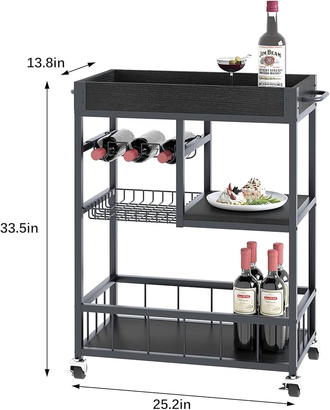 Bar Cart with Basket 3 Tiers Home Rolling Wine Rack with Wheels Mobile Kitchen Industrial Vintage Style Wood Metal Serving Trolley Serving Cart,Black Frame Home Kitchen Shelf for Party