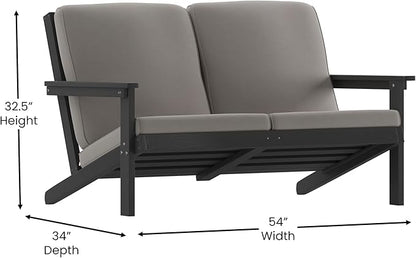 Flash Furniture Charlestown Adirondack Style Deep Seat Patio Loveseat with Cushions - Black Poly Resin Frame - Charcoal All-Weather Cushions - Indoor/Outdoor
