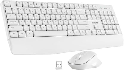 PHILIPS Wireless Keyboard and Mouse Combo-Ergonomic Keyboard and Mouse Wireless Combo with Silent Design,Plug n' Play,Sleep Mode and 2.4GHz Keyboard for Mac, Windows, Laptop-White